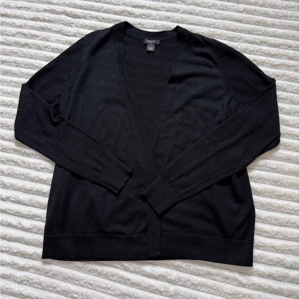Halogen Black Merino Wool Acrylic Open Cardigan Sweater S Long Sleeve Women